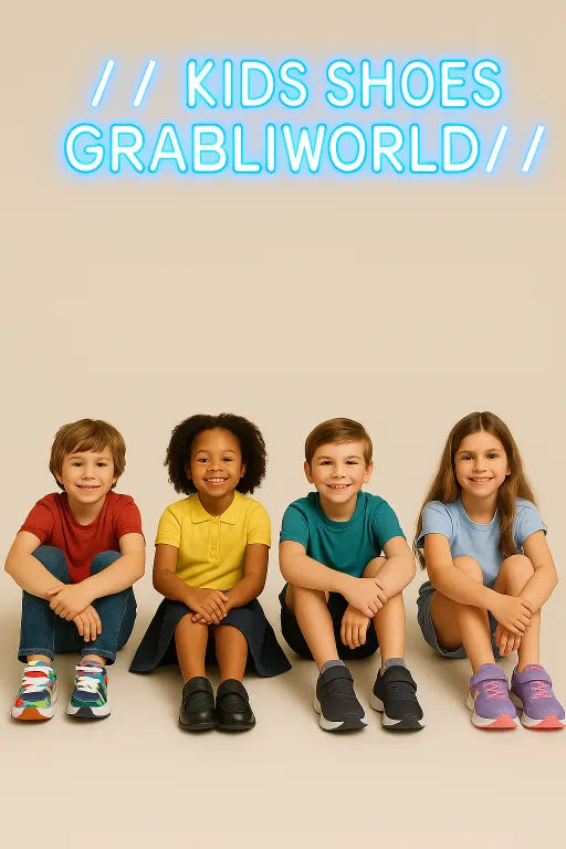 Four children sitting on the floor wearing colorful shoes with 'GRABLIWORLD' branding.