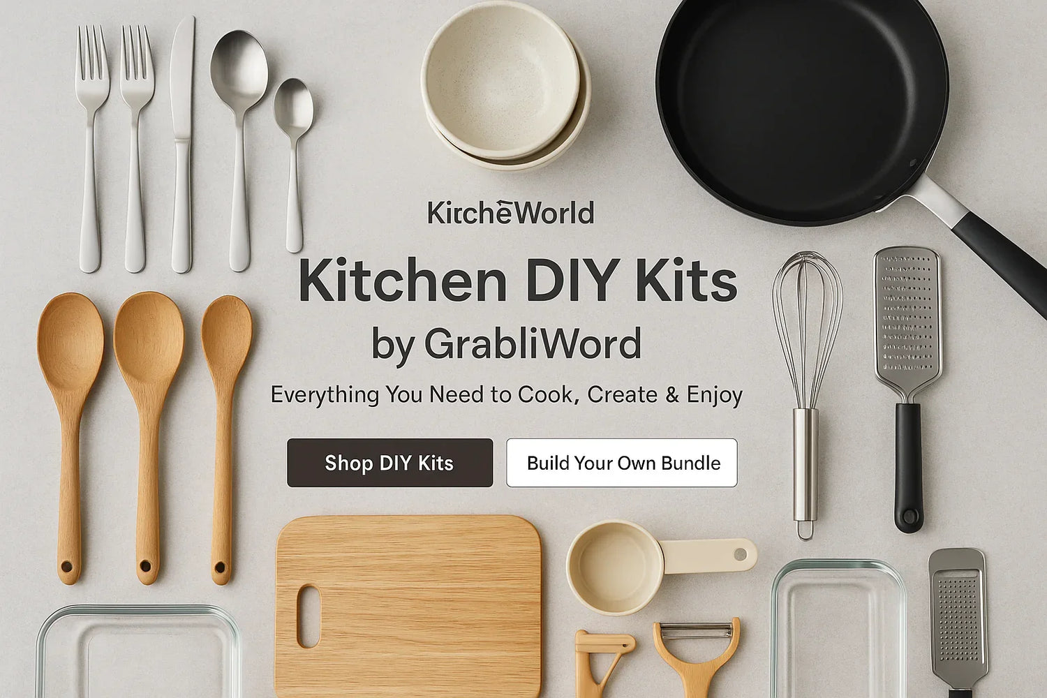 “Flat lay of GrabliWorld Kitchen DIY Kit with spoons, forks, bowls, frying pan, whisk, grater, wooden utensils, and cutting board on a neutral background, promoting complete cooking tool sets for home kitchens.”