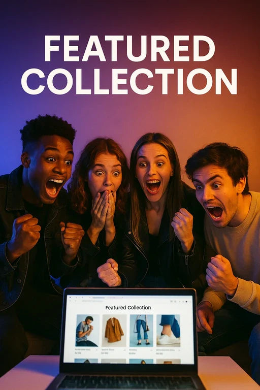Four people reacting excitedly to a laptop screen displaying a 'Featured Collection' on a dark background.