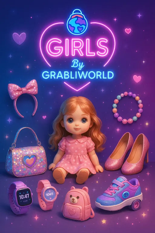 Toy set with a doll, accessories, and neon text 'Girls by Grabliworld' on a purple background.