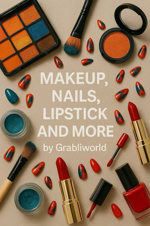 Makeup and beauty products including lipsticks, nail polishes, and a makeup palette on a beige background with 'Grabliworld' branding.