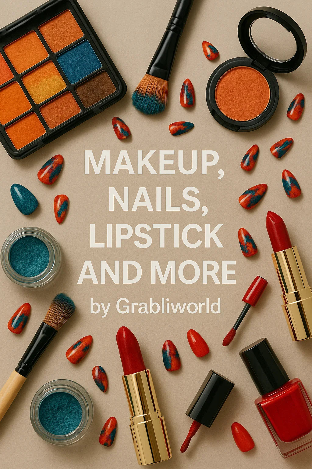 Flat lay of vibrant makeup, lipsticks, nail polish, and brushes with "Makeup, Nails, Lipstick, and More by GrabliWorld" text in the center.
