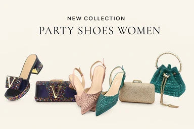 A collection image featuring two pairs of women’s party shoes with matching handbags: one set in black with multicolored rhinestones and gold accents, and another set in deep red with matching gemstone embellishments and gold chain details.