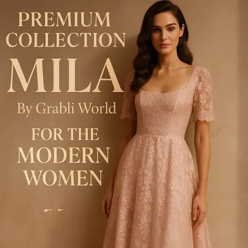 Woman in a pink lace dress with promotional text for 'MILA by Grabli World' on a beige background