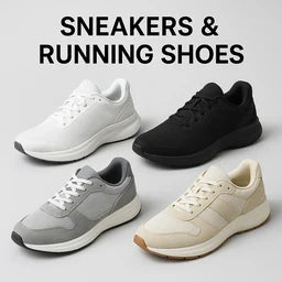 Four pairs of athletic sneakers in white, black, gray, and beige are arranged in two rows on a light gray background, with the text "SNEAKERS & RUNNING SHOES" in bold black letters above them.          Ask ChatGPT