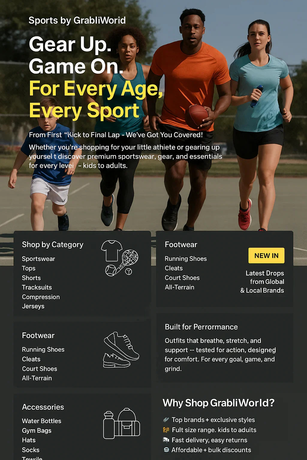 “Sportswear and fitness gear, activewear and gym equipment flat lay, and outdoor sports essentials including balls and accessories — all part of the GrabliWorld sports collection.”