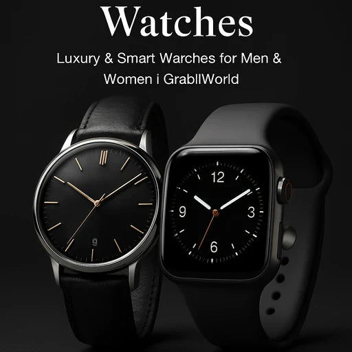 Two watches, one classic and one smartwatch, on a black background with text about luxury and smart watches for men and women.