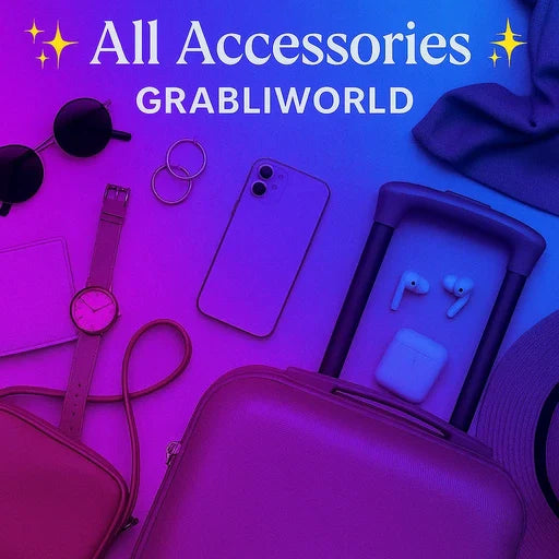 Collection of accessories including a phone, earbuds, and sunglasses on a gradient purple and blue background with 'All Accessories GRABLIWORLD' text.