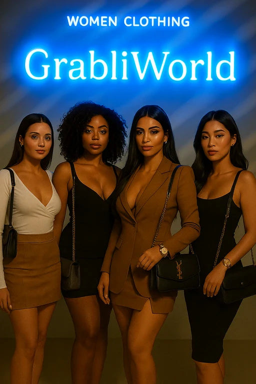 Four women posing together with 'GrabliWorld' branding above them.