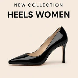 Black patent leather pointed-toe high-heeled shoe on a beige background with text reading “New Collection – Heels Women.”