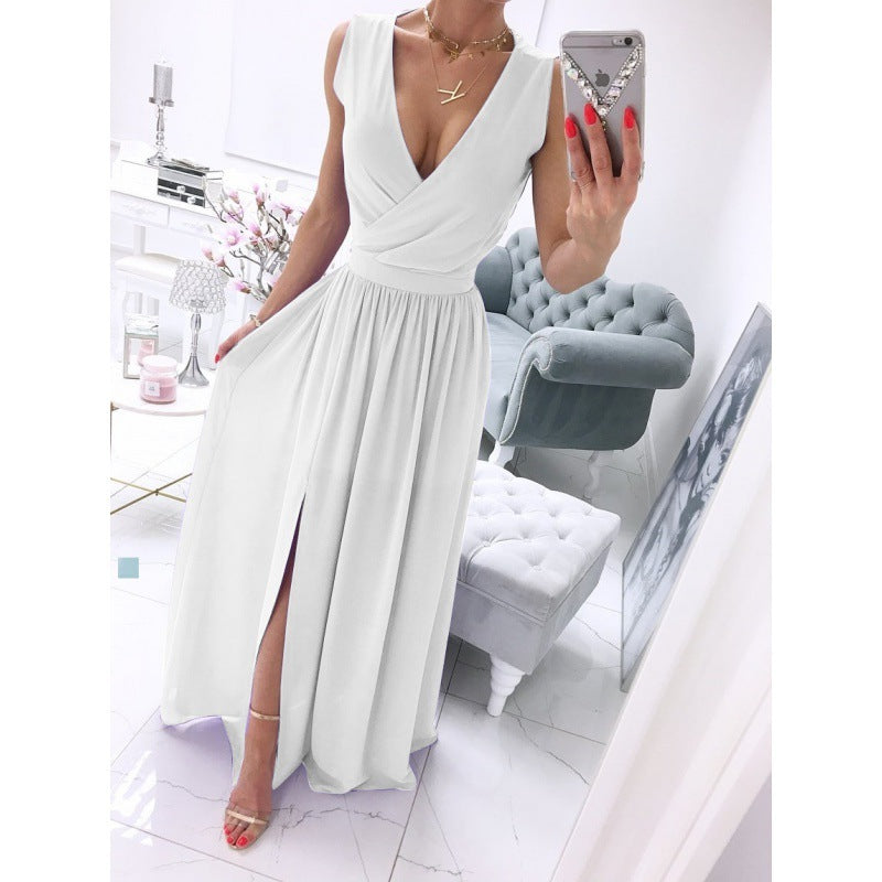 Women's Sleeveless V-Neck Front Split Maxi Dress – Summer Solid Color Long Skirt