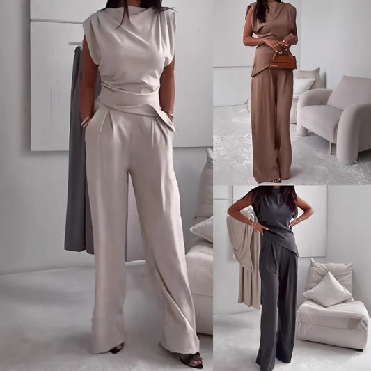 Women's Sleeveless Suit Fashion Slim Irregular Split Top and Straight Pants Set