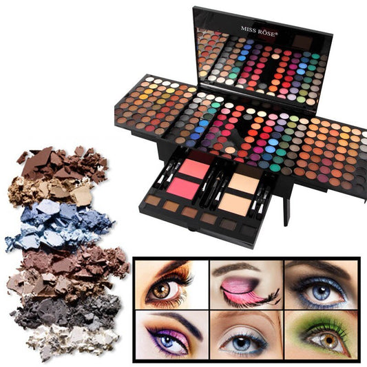 Makeup palette with eyeshadows and makeup application examples on a white background