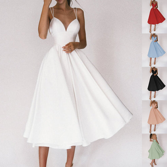 Sexy V-neck Suspender A-Line Long Dress – Summer Elegant Pullover Dress for Women
