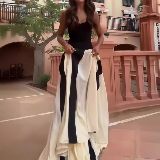Colour Contrast Slim-Fit Sling Dress – Summer A-Line Long Dress for Women