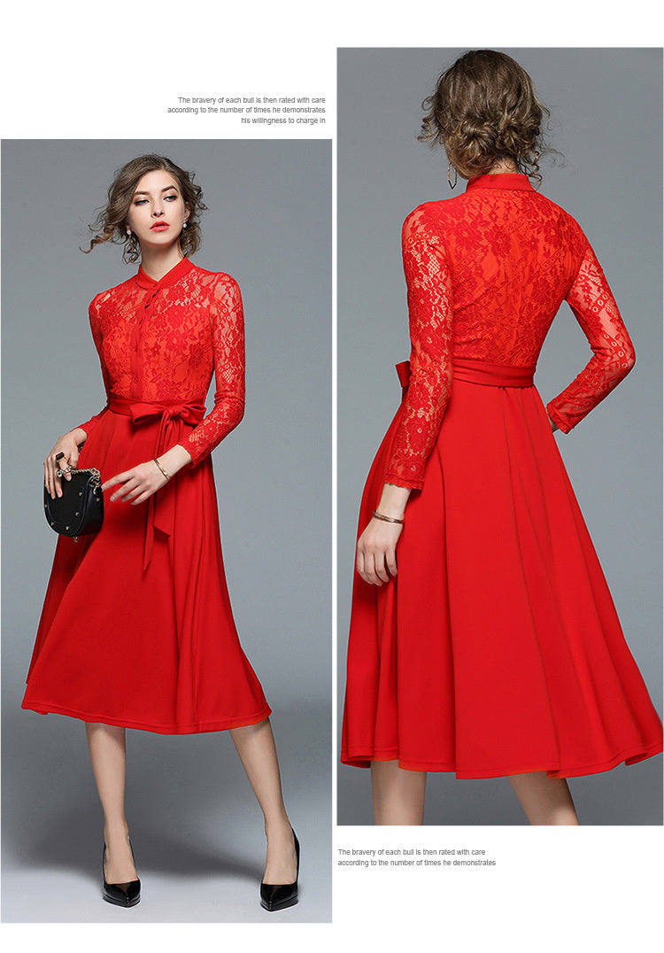 Women’s Hollowed-out Lace Patchwork Lace-Up Skirt