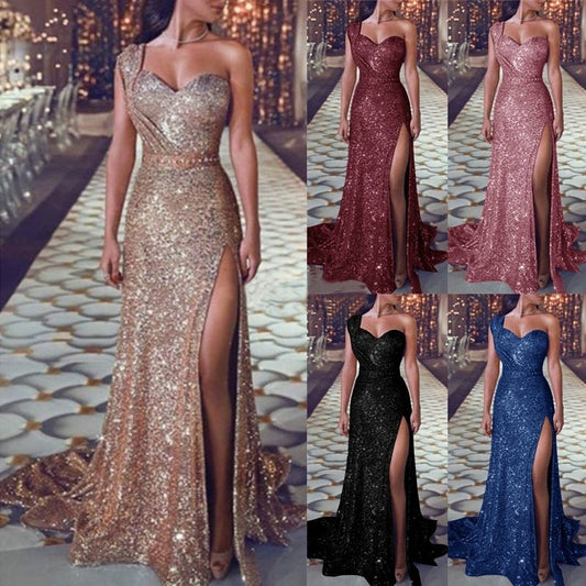 Women’s One-Shoulder Sleeveless Bronzing Split A-Line Long Dress – Urban Chic Temperament Style