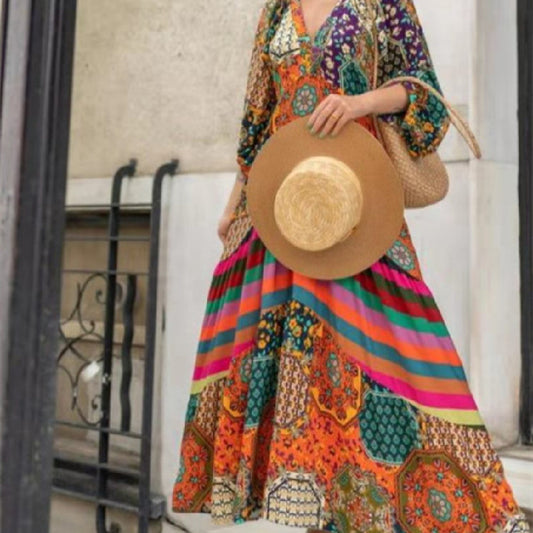 Women's Extra Long Ethnic Style Printed Dress – Flowing Boho Maxi | GrabliWorld