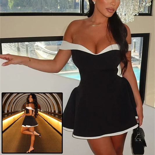 Women's Black & White Patchwork Y2K Backless Mini Dress – Ruched Bodycon Chic