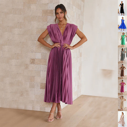 Woman wearing a purple dress against a beige wall with multiple views of the dress.