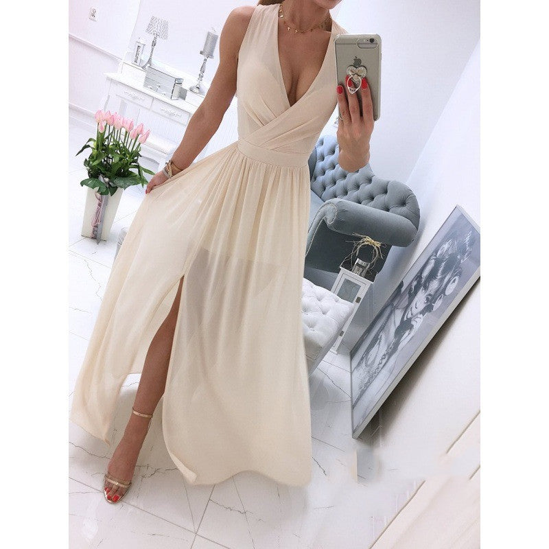 Women's Sleeveless V-Neck Front Split Maxi Dress – Summer Solid Color Long Skirt