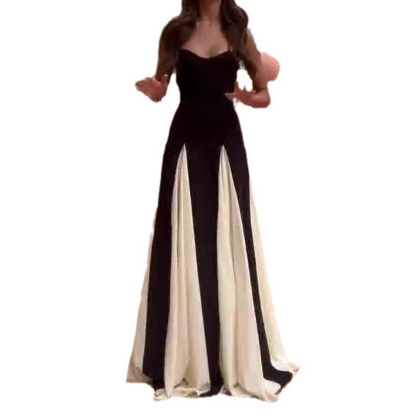Colour Contrast Slim-Fit Sling Dress – Summer A-Line Long Dress for Women