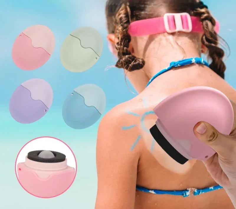 Person applying sunscreen to a child's shoulder with a pink sunscreen applicator, surrounded by color swatches and close-up details.