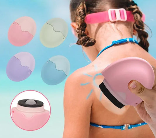 Person applying sunscreen to a child's shoulder with a pink sunscreen applicator, surrounded by color swatches and close-up details.