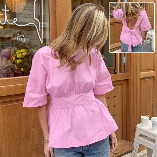 Summer Backless Short Sleeve T-shirt with Back-Tied Design – Fashion Bat Sleeve Top for Women
