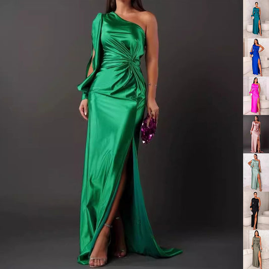 Women's One-Shoulder Long Sleeve Split Dress – Elegant Slim Fit Evening Gown