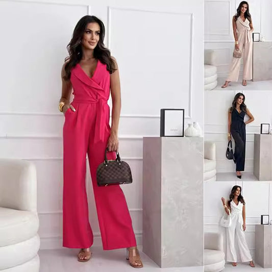 V-Neck Sleeveless Belted Jumpsuit – Summer Fashion Trousers for Women