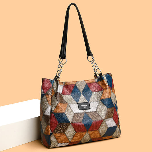 Retro Geometric Pattern-Matching Shoulder Bag— Large Capacity Stitching Handbag Tote