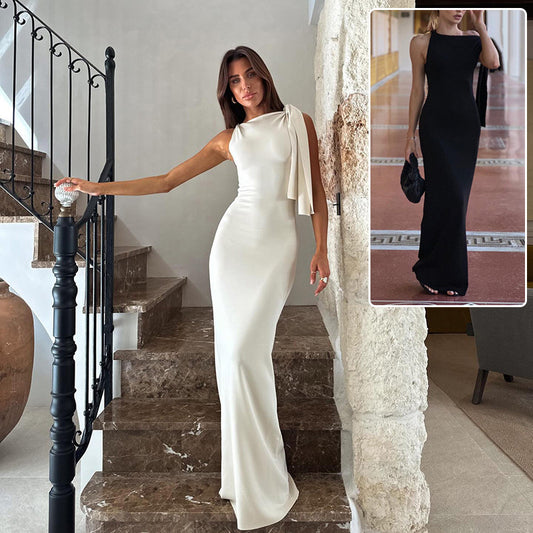 Women's One-Shoulder Ribbon Long Dress – Slim Fit Sleeveless Evening Gown