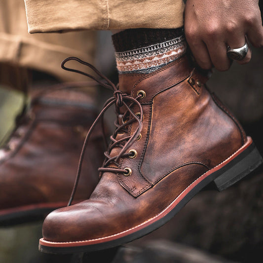 Men’s Retro Lace-Up PU Leather Ankle Boots – Low Heel Motorcycle Style