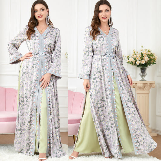 Women’s Fashion Patchwork Two-Piece Suit Dress – A-Line Long Skirt with V-Neck Collar