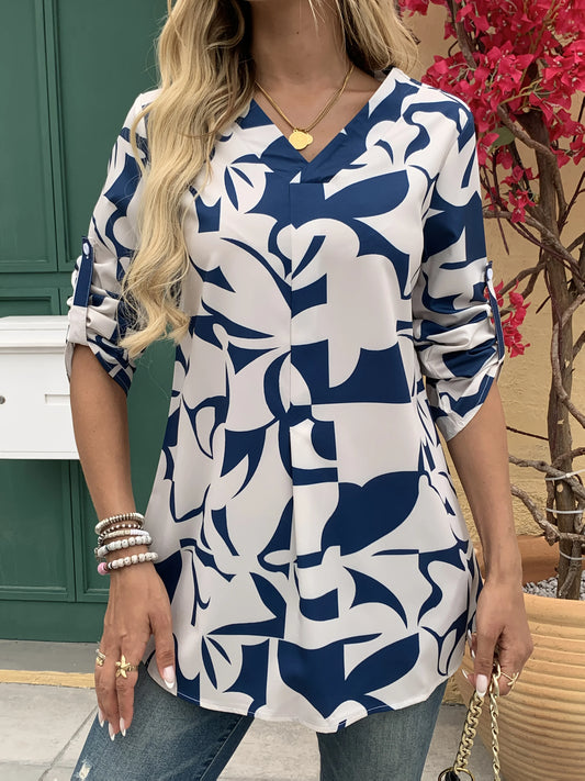 GrabliWorld Women’s Long Sleeve V-Neck Geometric Print Blouse