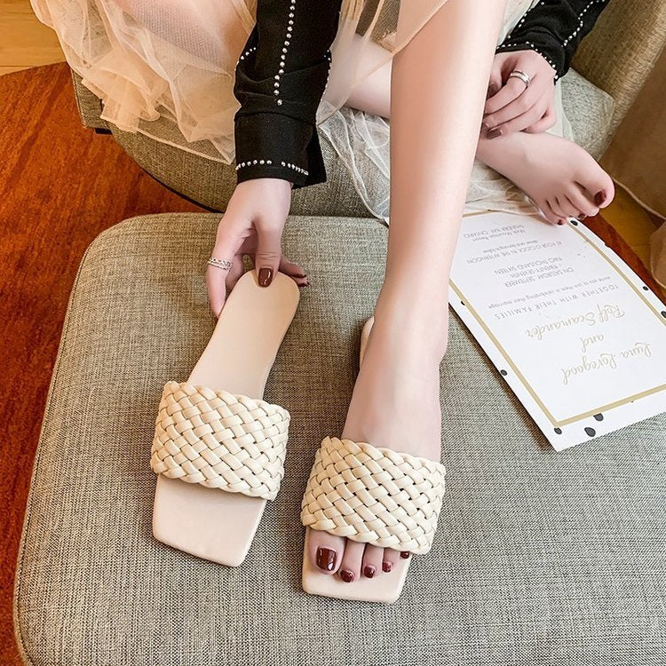 Woven European And American Fine Plaid Square Toe Toe Flat Sandals Women