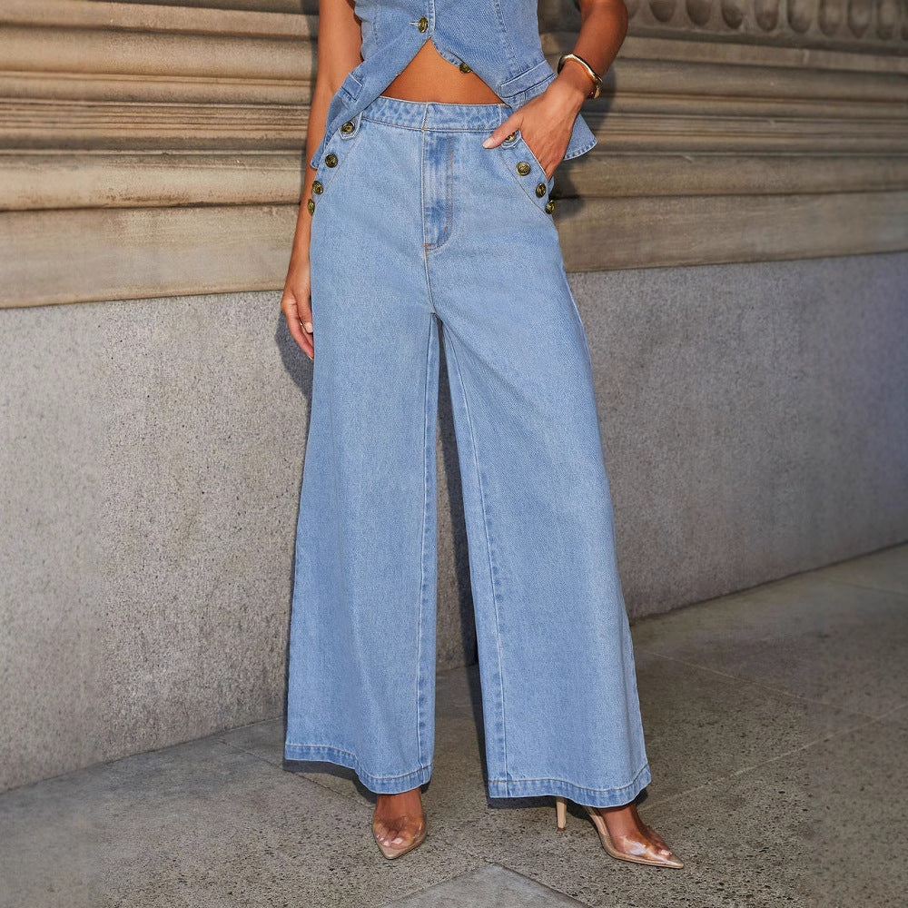 Women's Denim Vest Suit Set – Sleeveless Button Top & Wide-Leg Pocket Pants