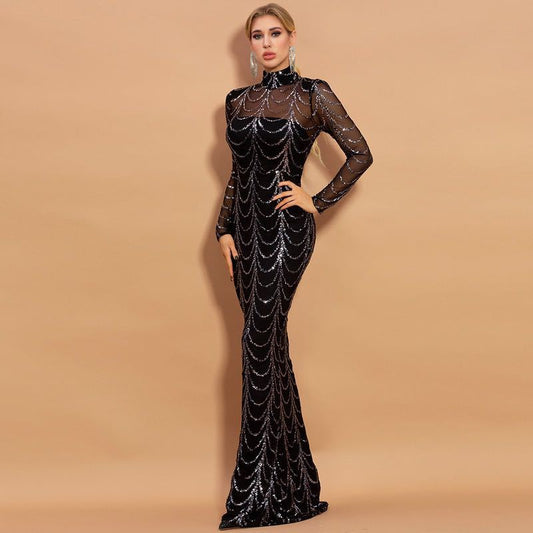 Elegant Sequin Maxi Dress – Long Sleeve Sheer Evening Gown for Women