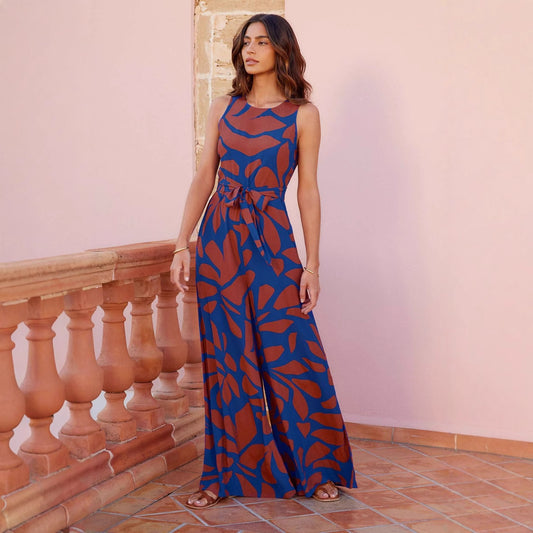 Round Neck Printed Jumpsuit – Sleeveless Waist-Controlled Summer One-Piece