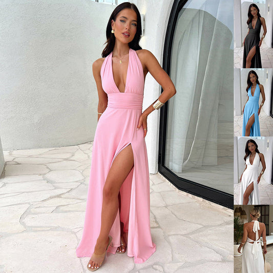V-neck Slit Dress Summer Backless Strappy Skirt