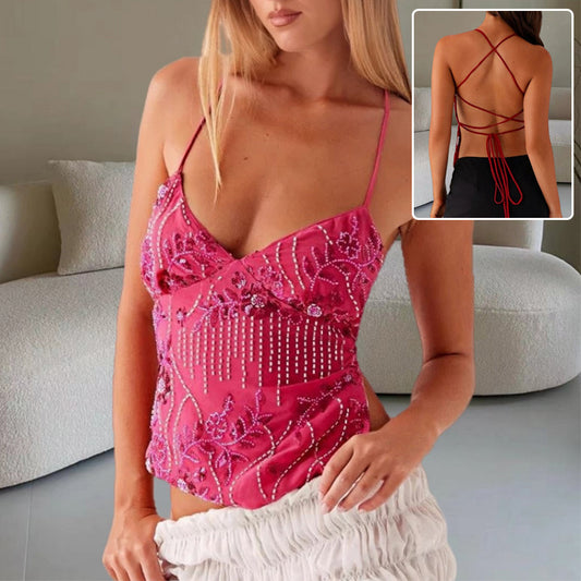 Bandeau Sling Top – V-Neck Flower Beaded Backless Vest for Women