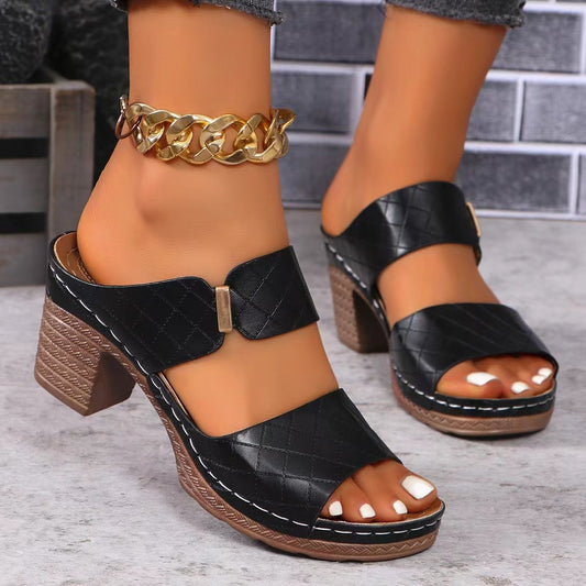 Women's Chunky Heel Plaid Slides – Summer Sandals
