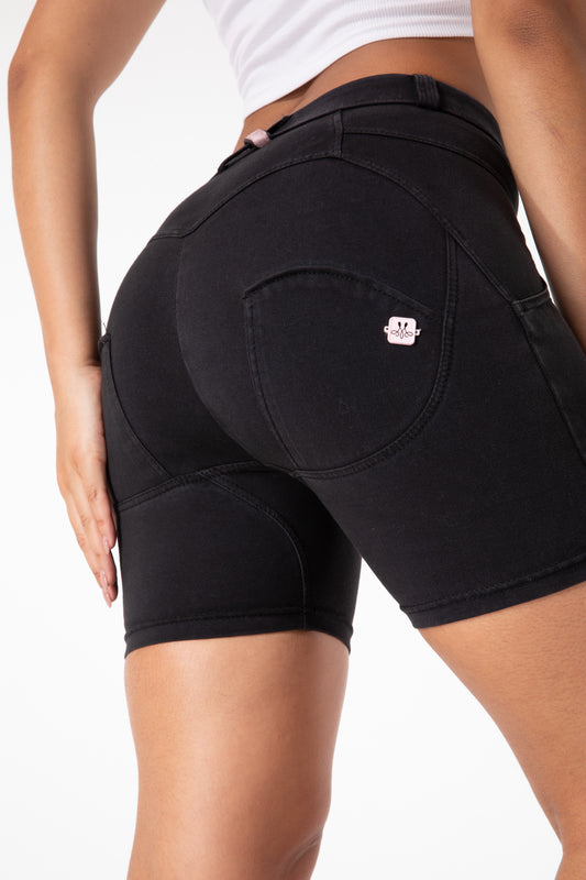 Melody High-Waist Black Stretch Denim Shorts – Women's Flanged Summer Jean Shorts