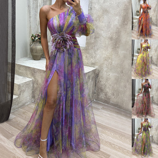 Mesh Tie-Dye Off-Shoulder Slit Dress – Long Sleeve Summer Party Dress for Women
