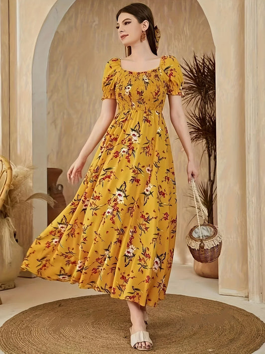 GrabliWorld Floral Print Square Neck A-line Dress
