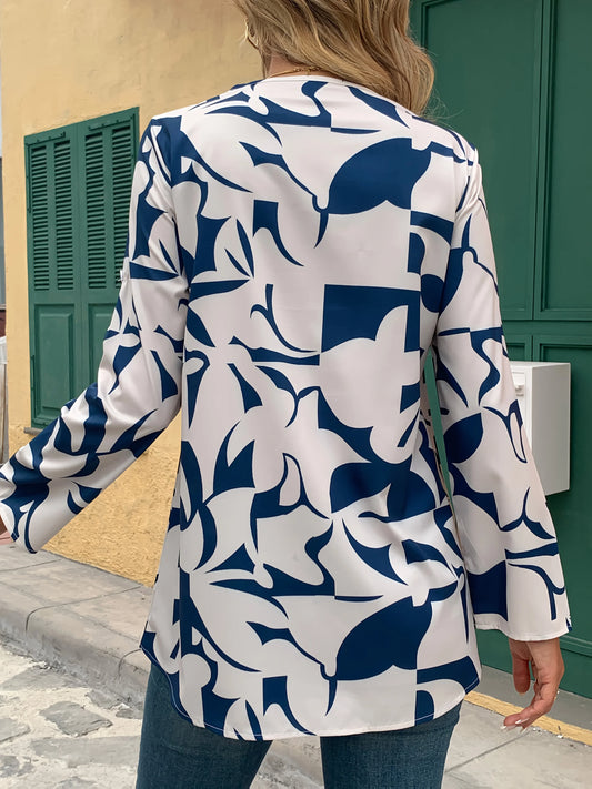 GrabliWorld Women’s Long Sleeve V-Neck Geometric Print Blouse