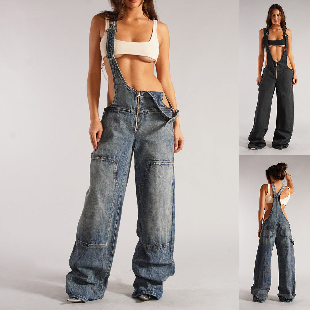 Y2K Zipper Denim Overalls With Pockets, Loose Suspender Jumpsuit ,Jeans Pants.
