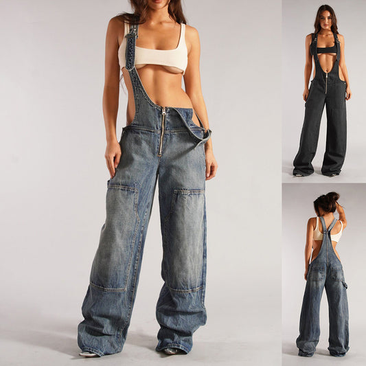 Y2K Zipper Denim Overalls With Pockets, Loose Suspender Jumpsuit ,Jeans Pants.