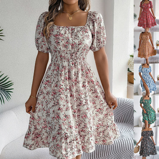 Floral Print Square Collar Dress – Summer Fashion with Ruffles – Women’s High Waist Short Sleeve